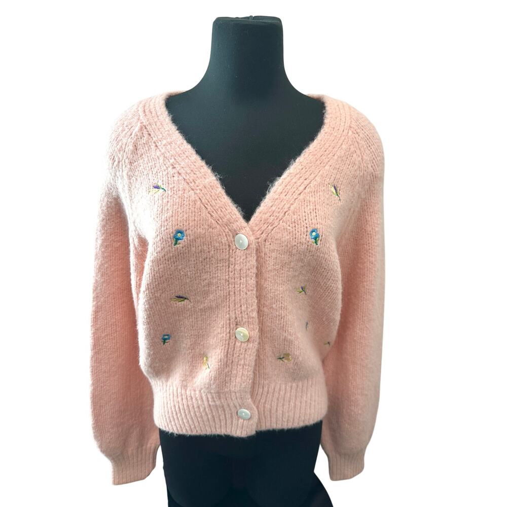ENGLISH FACTORY | Pink Floral Embroidered Cardigan Sweater Cottagecore | Large - Picture 3 of 8